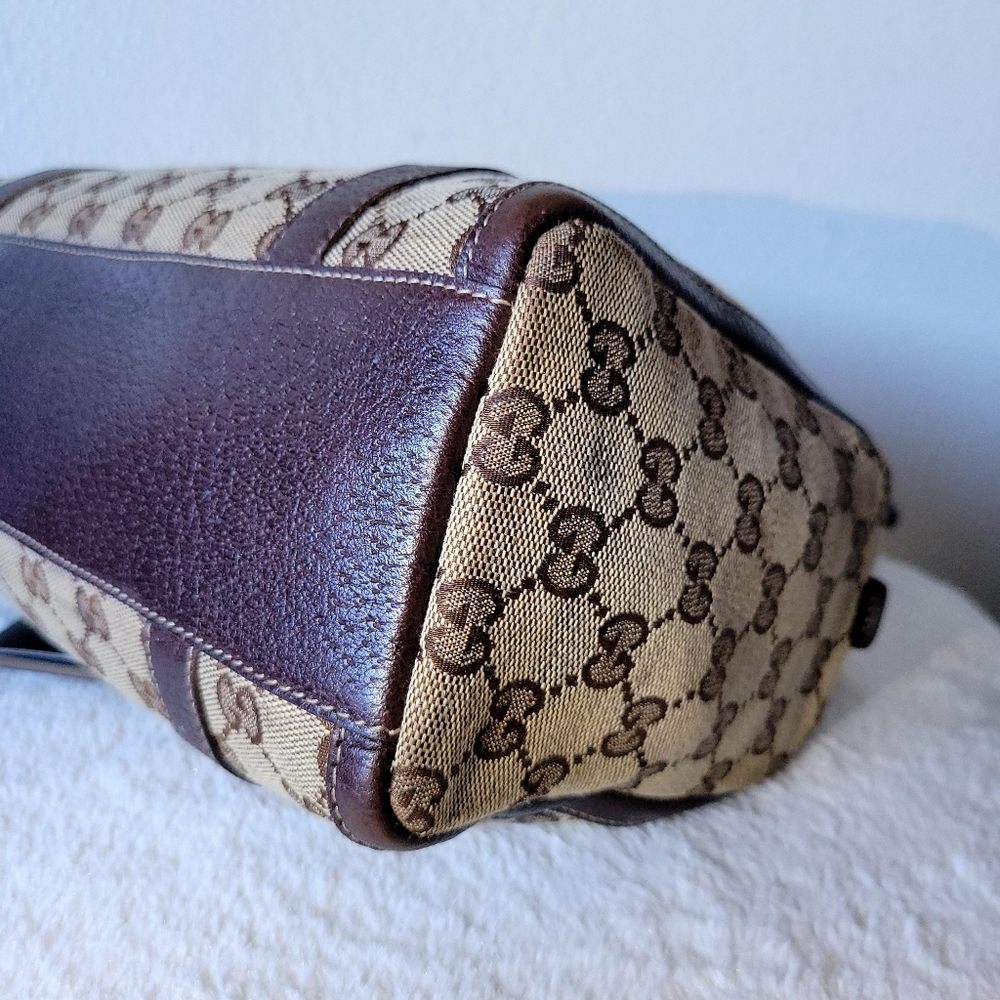 Gucci Beige Logo Canvas and Brown Leather Satchel - Picture 10 of 14